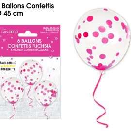 Lot de 6 ballons transparents avec confettis fuschia de 45 cm, idéaux pour toutes occasions festives, disponibles sur Badaboum.fr.