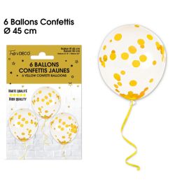 Lot de 6 ballons transparents avec confettis jaune de 45 cm, idéaux pour toutes occasions festives, disponibles sur Badaboum.fr.