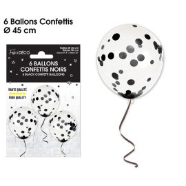 Lot de 6 ballons transparents avec confettis noirs de 45 cm, idéaux pour toutes occasions festives, disponibles sur Badaboum.fr.