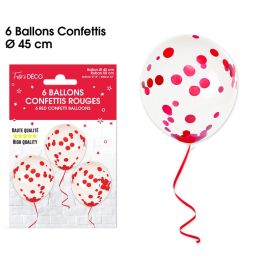 Lot de 6 ballons transparents avec confettis rouges de 45 cm, idéaux pour toutes occasions festives, disponibles sur Badaboum.fr.
