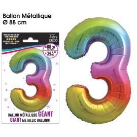 Ballon géant chiffre '3' métallique multicolore de 88 cm pour célébrations vibrantes
