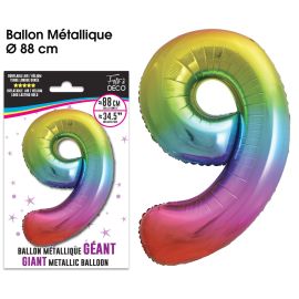 Ballon géant chiffre '9' métallique multicolore de 88 cm pour célébrations vibrantes

