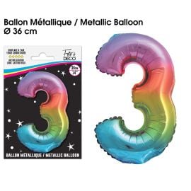 Ballon chiffre '3' multicolore en aluminium de 36 cm pour décoration de fête d'anniversaire
