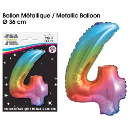 Ballon chiffre '4' multicolore en aluminium de 36 cm pour décoration de fête d'anniversaire
