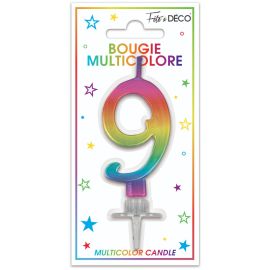 Bougie anniversaire chiffre 9 multicolore métallique
