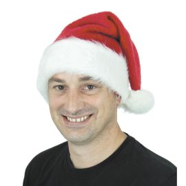 Bonnet de Noël peluche Luxe, taille adulte, dimensions 45 cm, fabriqué en 100% polyester. Parfait pour compléter vos déguisements de Noël ou pour apporter une touche festive à vos tenues. Disponible sur Badaboum.fr.