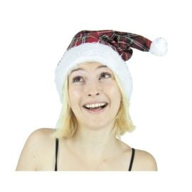 Bonnet de Noël tartan Luxe, taille adulte, dimensions 40 cm, fabriqué en tissu tartan et peluche douce, 100% polyester. Idéal pour les fêtes de fin d’année et les événements festifs. Disponible sur Badaboum.fr.