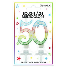 Bougie pailletée anniversaire 50ans 9cm x 4cm multicolore , décoration fetes pas cher et livraison 24h rapide chez Badaboum