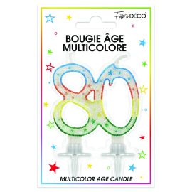 Bougie pailletée anniversaire 80ans 9cm x 4cm multicolore , décoration fetes pas cher et livraison 24h rapide chez Badaboum