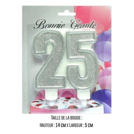 Bougie anniversaire géante argent 25ans 14cm x 5cm