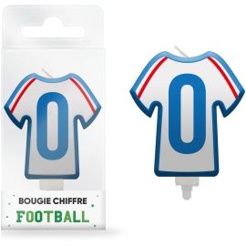 Bougie d'anniversaire en forme de maillot de football avec chiffre 0, idéale pour les fêtes sur le thème du sport, disponible sur Badaboum.fr