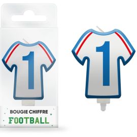 Bougie d'anniversaire en forme de maillot de football avec chiffre 1, idéale pour les fêtes sur le thème du sport, disponible sur Badaboum.fr