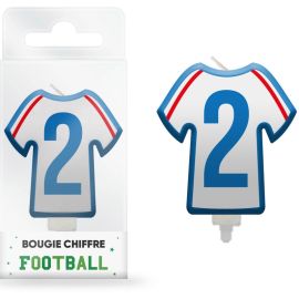 Bougie d'anniversaire en forme de maillot de football avec chiffre 2, idéale pour les fêtes sur le thème du sport, disponible sur Badaboum.fr