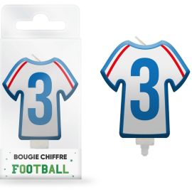 Bougie d'anniversaire en forme de maillot de football avec chiffre 3, idéale pour les fêtes sur le thème du sport, disponible sur Badaboum.fr