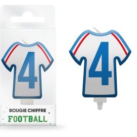 Bougie d'anniversaire en forme de maillot de football avec chiffre 4, idéale pour les fêtes sur le thème du sport, disponible sur Badaboum.fr