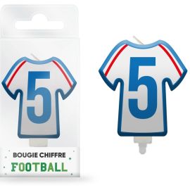 Bougie d'anniversaire en forme de maillot de football avec chiffre 5, idéale pour les fêtes sur le thème du sport, disponible sur Badaboum.fr