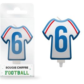 Bougie d'anniversaire en forme de maillot de football avec chiffre 6, idéale pour les fêtes sur le thème du sport, disponible sur Badaboum.fr