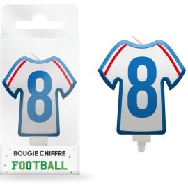 Bougie d'anniversaire en forme de maillot de football avec chiffre 8  , idéale pour les fêtes sur le thème du sport, disponible sur Badaboum.fr