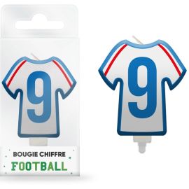 Bougie d'anniversaire en forme de maillot de football avec chiffre 9, idéale pour les fêtes sur le thème du sport, disponible sur Badaboum.fr