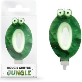 Bougie d'anniversaire chiffre zéro sur le thème jungle, couleur verte, 8 cm, parfaite pour fêtes et célébrations thématiques, disponible sur Badaboum.fr