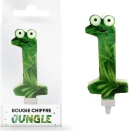 Bougie d'anniversaire chiffre 1 sur le thème jungle, couleur verte, 8 cm, parfaite pour fêtes et célébrations thématiques, disponible sur Badaboum.fr