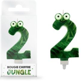 Bougie d'anniversaire chiffre 2 sur le thème jungle, couleur verte, 8 cm, parfaite pour fêtes et célébrations thématiques, disponible sur Badaboum.fr