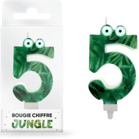 Bougie d'anniversaire chiffre 5 sur le thème jungle, couleur verte, 8 cm, parfaite pour fêtes et célébrations thématiques, disponible sur Badaboum.fr