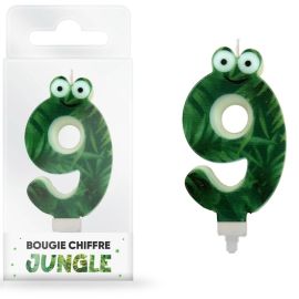 Bougie d'anniversaire chiffre 9 sur le thème jungle, couleur verte, 8 cm, parfaite pour fêtes et célébrations thématiques, disponible sur Badaboum.fr