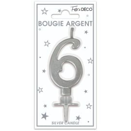 Bougie metallique argent chiffre 6 , décoration fetes pas cher et livraison 24h rapide chez Badaboum