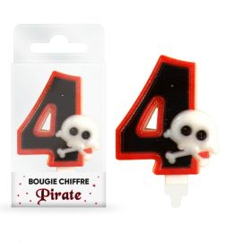 Bougie chiffre 4 pour anniversaire à thème Pirate, 8cm, décoration gâteau parfait pour les fans de pirates, sur Badaboum.fr