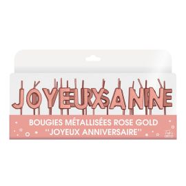 Bougies métallisées Joyeux Anniversaire 18 lettres en rose gold sur pique , décoration fetes pas cher et livraison 24h rapide chez Badaboum