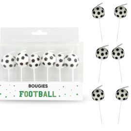 Lot de 6 bougies d'anniversaire sur pics en forme de ballons de football, idéal pour fêtes à thème sportif, trouvez-les sur Badaboum.fr