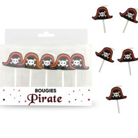 Pack de 6 bougies d'anniversaire Pirate pour gâteau, idéal pour thème aventurier, disponible sur Badaboum.fr