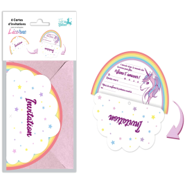 Pack de 6 cartes d'invitation avec enveloppes sur le thème licorne pour anniversaire enfant - Badaboum.fr
