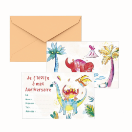 carton invitation et enveloppe dinosaures x8pcs