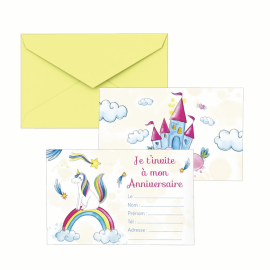 carton invitation et enveloppe licorne x8pcs