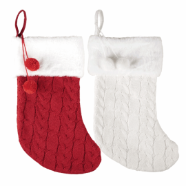 Chaussette de Noël en tricot avec finition en fausse fourrure, disponible en rouge et blanc, parfaite pour la décoration festive sur Badaboum.fr