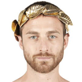 Homme portant une couronne de laurier dorée César, accessoire de déguisement disponible sur Badaboum.fr