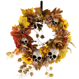 Couronne de porte Halloween 45cm avec fleurs d'automne et crânes sur Badaboum.fr