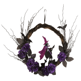 Décorative couronne de porte Halloween avec petite sorcière et détails violets, 35 cm, disponible sur Badaboum.fr