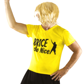 Déguisement Brice de Nice pour adulte inspiré d'un surfeur excentrique avec t-shirt jaune et pantalon, idéal pour une tenue de fête drôle et décalée.