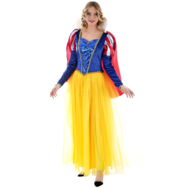 Costume Blanche Neige conte de fées pour femme en taille L, avec des nuances de bleu, rouge et jaune, parfait pour les soirées déguisées, disponible sur Badaboum.fr