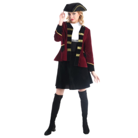 Déguisement de Pirate Lady Mary pour femme en taille S, costume 4 pièces incluant veste, jupe et chapeau, idéal pour déguisement et carnaval, à retrouver sur Badaboum.fr