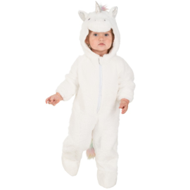 Adorable déguisement de licorne blanche pour bébé de 6 à 12 mois, parfait pour les fêtes costumées et séances photos, disponible sur Badaboum.fr.