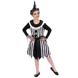 Déguisement de clown en noir et blanc pour enfant de 140 cm, comprenant costume et chapeau, idéal pour le carnaval et les fêtes, disponible sur Badaboum.fr