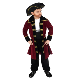 Costume de pirate Capitaine Edward pour enfant de 8 à 11 ans, incluant manteau, chapeau, et accessoires, parfait pour un déguisement authentique, disponible sur Badaboum.fr