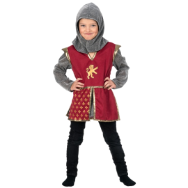 Jeune garçon souriant en costume de Chevalier Cœur de Lion Rouge de 104cm, prêt pour l'aventure médiévale, disponible sur Badaboum.fr.