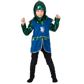 Garçon courageux en déguisement de Chevalier Dragon Bleu de 128cm, prêt pour des aventures épiques, disponible dès maintenant sur Badaboum.fr.