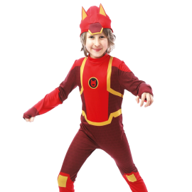 Enfant portant un déguisement de super-héros Petronix™ rouge avec combinaison et casque.