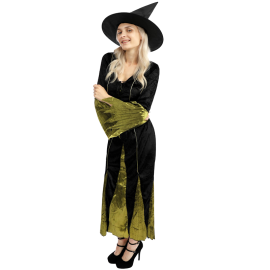 Femme en costume de sorcière noir et vert taille L/XL avec chapeau assorti et ceinture, prête pour Halloween.